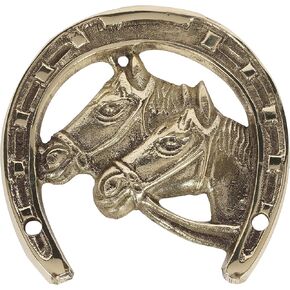 Brass Two Horse Heads Horseshoe for Good Luck Prosperity Antique Style Home Farmhouse Decor
