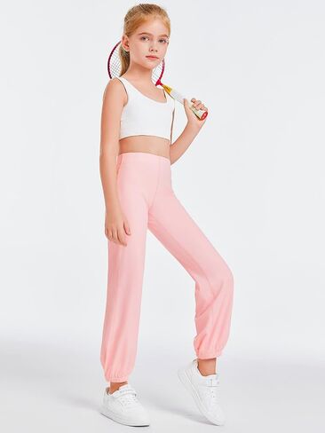 Haloumoning Girls Athletic Leggings Cuffed Running Yoga Pants High Waisted Full Length Stretchy Trouser for Kids 4-14 Years in Saudi Arabia