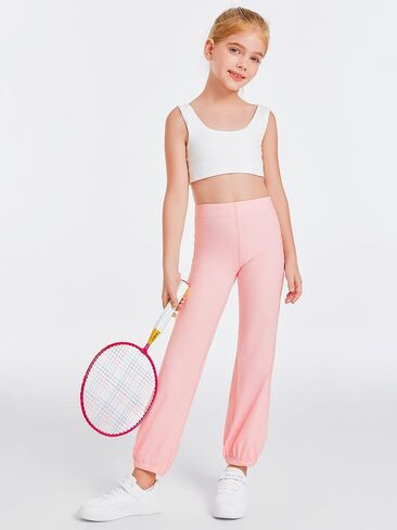 Haloumoning Girls Athletic Leggings Cuffed Running Yoga Pants High Waisted Full Length Stretchy Trouser for Kids 4-14 Years in Saudi Arabia