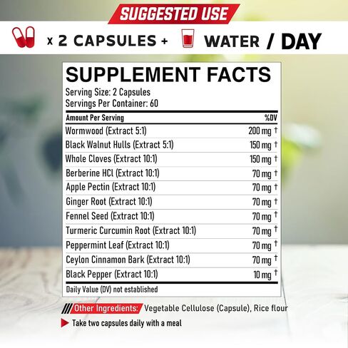 Wormwood Supplement - 120 Capsules Extracted from Black Walnut, Cloves, Turmeric, Apple, Berberine HCl & More - 11 Ingredients combined for Digestive Health, Immune System & Joints - 2-Month Supply in Saudi Arabia