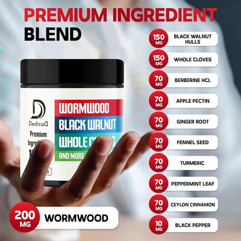 Wormwood Supplement - 120 Capsules Extracted from Black Walnut, Cloves, Turmeric, Apple, Berberine HCl & More - 11 Ingredients combined for Digestive Health, Immune System & Joints - 2-Month Supply in Saudi Arabia