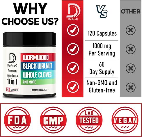 Wormwood Supplement - 120 Capsules Extracted from Black Walnut, Cloves, Turmeric, Apple, Berberine HCl & More - 11 Ingredients combined for Digestive Health, Immune System & Joints - 2-Month Supply in Saudi Arabia