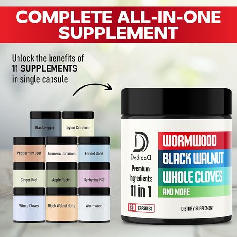 Wormwood Supplement - 120 Capsules Extracted from Black Walnut, Cloves, Turmeric, Apple, Berberine HCl & More - 11 Ingredients combined for Digestive Health, Immune System & Joints - 2-Month Supply in Saudi Arabia