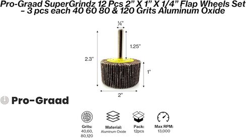 12 Pcs 2" X 1" X 1/4" Flap Wheels Set – 3 pcs each 40 60 80 & 120 Grits Aluminum Oxide for Metal Wood Grinding Blending Polishing Rust Paint Removal – 1/4 Shank Fits Die Grinder and Drills in Kuwait