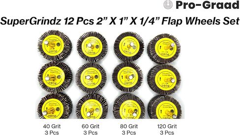 12 Pcs 2" X 1" X 1/4" Flap Wheels Set – 3 pcs each 40 60 80 & 120 Grits Aluminum Oxide for Metal Wood Grinding Blending Polishing Rust Paint Removal – 1/4 Shank Fits Die Grinder and Drills in Kuwait