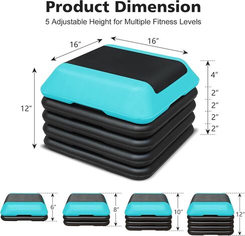 16"x16" Exercise Aerobic Step Platform with 4 Risers, Adjustable Height 4"-6''-8''-10''-12" Exercise Stepper Workout, Aerobics Stepper Workout Stepper for Home Gym Fitness Strength & Training in Saudi Arabia