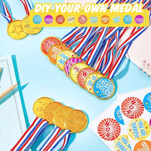Award Medals Assortment Gold Kids Plastic Award Medals Winners Sports Reward Motivational Medals with Neck Ribbon for Students Sports Meeting Dress up Party Games Award in Saudi Arabia