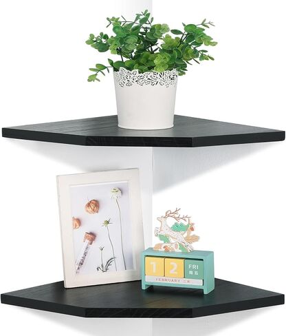 مجموعة أرفف حائط زاوية مكونة من 2، أرفف عائمة من الخشب الريفي مع مسار كابل، وشاشة تخزين مثبتة على الحائط لملحقات التلفزيون، ومراقبة الأطفال، ومكبر الصوت، وصندوق الكابل (أسود، ماسي - 10 بوصة) in Kuwait