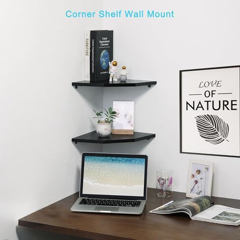 مجموعة أرفف حائط زاوية مكونة من 2، أرفف عائمة من الخشب الريفي مع مسار كابل، وشاشة تخزين مثبتة على الحائط لملحقات التلفزيون، ومراقبة الأطفال، ومكبر الصوت، وصندوق الكابل (أسود، ماسي - 10 بوصة) in Kuwait