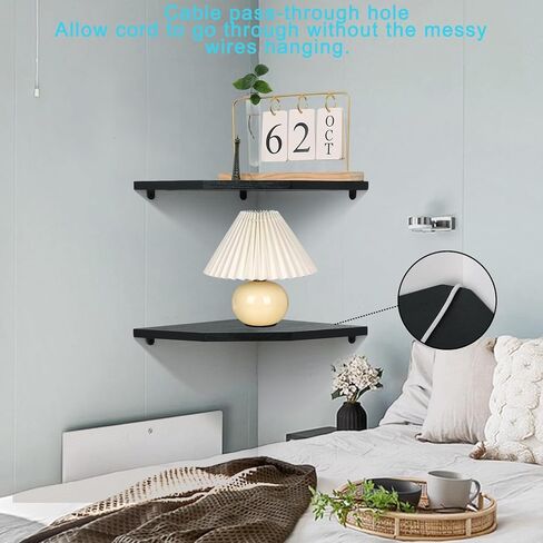 مجموعة أرفف حائط زاوية مكونة من 2، أرفف عائمة من الخشب الريفي مع مسار كابل، وشاشة تخزين مثبتة على الحائط لملحقات التلفزيون، ومراقبة الأطفال، ومكبر الصوت، وصندوق الكابل (أسود، ماسي - 10 بوصة) in Kuwait