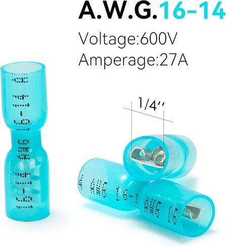 HKS 100 قطعة موصل بأسمائها الحقيقية أزرق 16-14 AWG - مجموعة موصلات الأسلاك الكهربائية السريعة المنكمشة بالحرارة - النحاس الأحمر المعلب - موصلات تجعيد بحرية للسيارات - مقاومة للماء ومعزولة in Kuwait