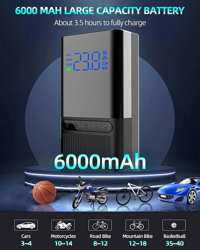 Tire Inflator Electric Bike Pump - 150PSI Portable Air Pump with Pressure Gauge, 6000mAh Electric Ball Pump with Schrader/Dunlop/Presta Valve for Road, Mountain Bicycles, E-Bike, Motorcycle, Balls in Saudi Arabia