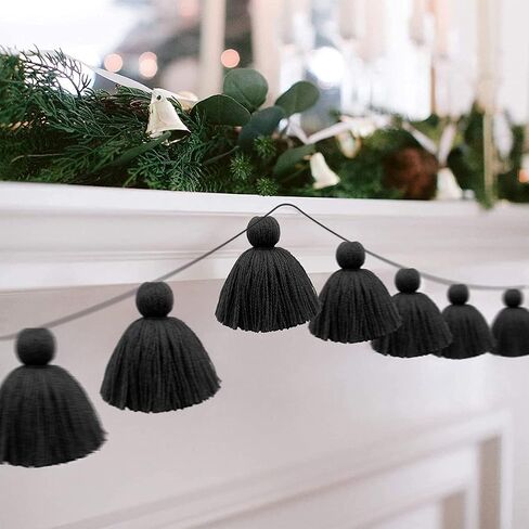 Big Size Tassel Garland H3.1in Polyester Yarn Black Pom Pom Tassel Banner Decorative Wall Hanging for Home Decoration Wedding Birthday Baby Shower Party Supplies (Black) in Saudi Arabia