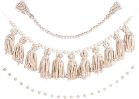 3 قطع من إكليل شرابة بوهو مع خرز خشبي، وإكليل خرز لبيت المزرعة مع شرابات، وأكاليل بوم بوم لديكور المنزل الريفي الحديث في مزرعة بوهو (لون كلاسيكي) in Kuwait