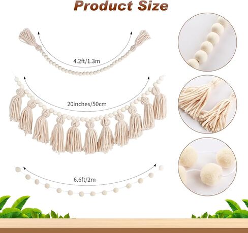 3 قطع من إكليل شرابة بوهو مع خرز خشبي، وإكليل خرز لبيت المزرعة مع شرابات، وأكاليل بوم بوم لديكور المنزل الريفي الحديث في مزرعة بوهو (لون كلاسيكي) in Kuwait