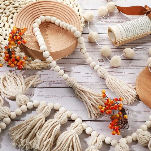 3 قطع من إكليل شرابة بوهو مع خرز خشبي، وإكليل خرز لبيت المزرعة مع شرابات، وأكاليل بوم بوم لديكور المنزل الريفي الحديث في مزرعة بوهو (لون كلاسيكي) in Kuwait