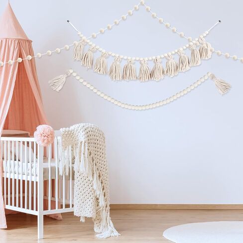 3 قطع من إكليل شرابة بوهو مع خرز خشبي، وإكليل خرز لبيت المزرعة مع شرابات، وأكاليل بوم بوم لديكور المنزل الريفي الحديث في مزرعة بوهو (لون كلاسيكي) in Kuwait