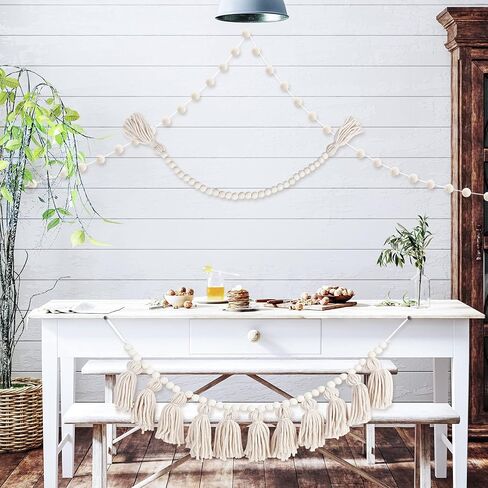 3 قطع من إكليل شرابة بوهو مع خرز خشبي، وإكليل خرز لبيت المزرعة مع شرابات، وأكاليل بوم بوم لديكور المنزل الريفي الحديث في مزرعة بوهو (لون كلاسيكي) in Kuwait