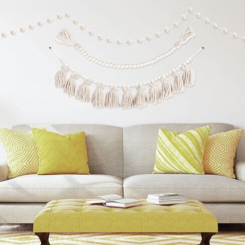 3 قطع من إكليل شرابة بوهو مع خرز خشبي، وإكليل خرز لبيت المزرعة مع شرابات، وأكاليل بوم بوم لديكور المنزل الريفي الحديث في مزرعة بوهو (لون كلاسيكي) in Kuwait