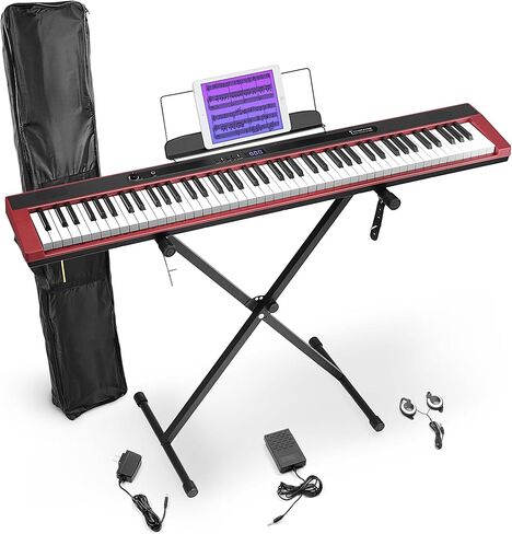 Starfavor 88 Key Digital Piano, Beginner Compact Bluetooth Piano Keyboard with Semi Weighted 88 Keys, Electric Piano Keyboard Piano Bundle with Stand, Piano Pedal, Carrying Bag, Red in Saudi Arabia