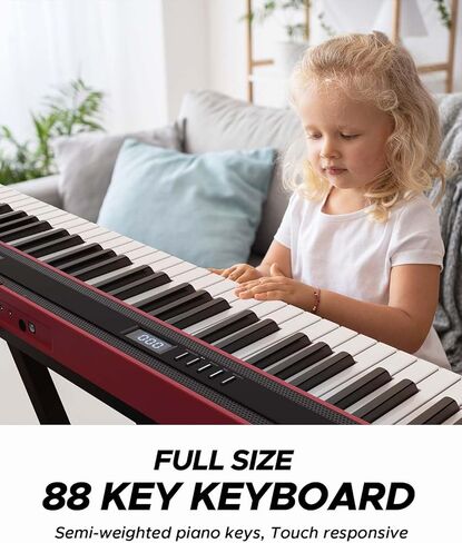 Starfavor 88 Key Digital Piano, Beginner Compact Bluetooth Piano Keyboard with Semi Weighted 88 Keys, Electric Piano Keyboard Piano Bundle with Stand, Piano Pedal, Carrying Bag, Red in Saudi Arabia