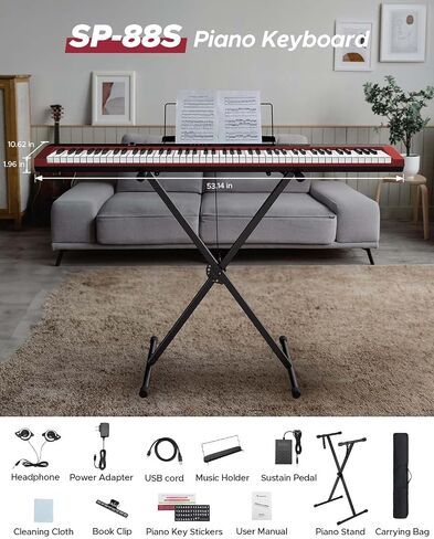 Starfavor 88 Key Digital Piano, Beginner Compact Bluetooth Piano Keyboard with Semi Weighted 88 Keys, Electric Piano Keyboard Piano Bundle with Stand, Piano Pedal, Carrying Bag, Red in Saudi Arabia
