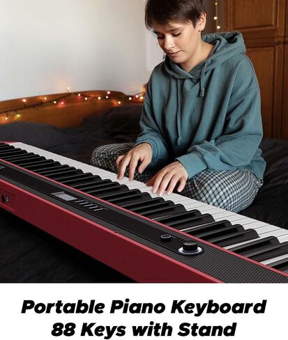 Starfavor 88 Key Digital Piano, Beginner Compact Bluetooth Piano Keyboard with Semi Weighted 88 Keys, Electric Piano Keyboard Piano Bundle with Stand, Piano Pedal, Carrying Bag, Red in Saudi Arabia