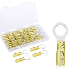 50 Pack Heat Shrink Ring Terminals - 1/4" - Yellow 12-10 AWG Marine Grade Heat Shrink Wire Connectors - Tinned Red Copper Eyelet Wire Connectors