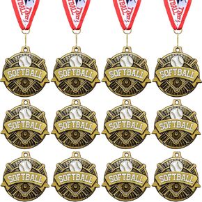 12 قطعة ميداليات الكرة اللينة 2 بوصة T-Ball Team Medal Awards ميداليات البيسبول المعدنية الذهبية ميداليات جائزة البيسبول الرياضية مع شريط الرقبة للأطفال