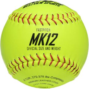 MK12 12" Split Leather Fastpitch Softballs, Genuine Leather Cover, Raised Red Stitching, Bright Yellow, 47 COR, 375 Compression