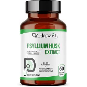 Dr. Herbalist Psyllium Husk Capsules I Extract I 500mg I NON GMO I 60 Vegetarian Capsules I Fast Absorbing I Easy to Swallow & Digest I Digestive Health Support I Dietary Fiber Supplement I