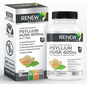 Renew Actives Psyllium Husk Capsules - Bulk-Forming Laxative - Soluble Fiber Supplement for Adult Health & Well-being - Pure ingredients, 120 capsules