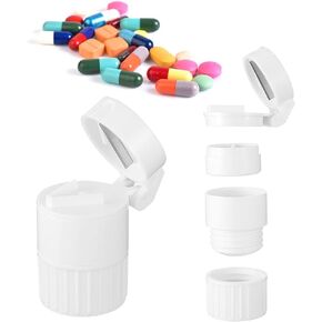 Pill Cutter and Grinder - 4 in 1 Pill Cutter and Crusher and Storage Pill Box and Water Cup, Travel Multifunctional Pill Organizer Pill Splitter Daily Pill Dispenser for Kid Men Women Elderly (White)