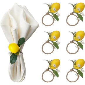 belupai Lemon Napkin Rings Set of 6, Fruit Napkin Holder Rings for Table Setting, Lemon Vine Leaf Napkin Holders for Birthday Wedding Spring Summer Dinner Decor