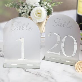 RoyalDecor's Frosted Arched Acrylic Table Numbers 1-20 with Silver Mirror Number and Stands - Perfect Wedding Table Decorations Accessories - Small Number Stand Centerpieces for Reception Tables - 5x7 Inch in Saudi Arabia