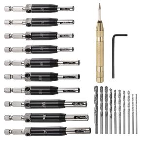 22pcs Self Centering Drill Bit Set 5/64" - 1/4" Door Hinge Drill Bit High Speed Steel Hex Shank Spring Loaded Woodworking Bits with Hex Key and Extra Replacement Drill Bits