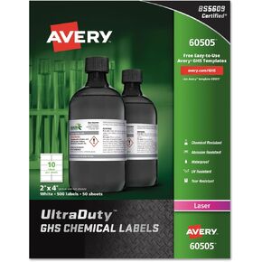 ملصقات كيميائية Avery 60505 UltraDuty GHS 2 × 4 بيضاء، 500/صندوق