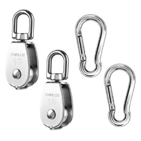 2 Pack Rope Pulley M15 Small Pulleys Lifting Single Pulley 304 Stainless Steel Pulley Block Wire Rope Crane Pulley Crane Swivel Hook Double Pulley Roller Loading with Two Stainless Steel Spring Hooks
