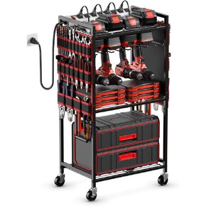 JUNNUJ Large Power Tool Organizer Cart with Charging Station, Garage Floor Standing Rolling Drill and Tools Battery Storage Cart on Wheels, Heavy Duty Utility Rack Shelf with 8 Outlet Power Strip