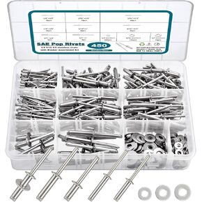 450Pcs 304 Stainless Steel Pop Rivets with Washers Assortment Kit,1/8" 3/16" 1/4" Assorted Blind Rivets 8 SAE Sizes,DIY/Home/Automotive Repairs