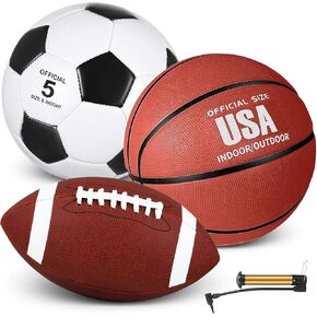 Sratte 3 Pcs Sports Balls Sport Set Including Official Size Soccer Basketball Football with Pump and Carry Bag for Kids Adults Back to School Sports Gift