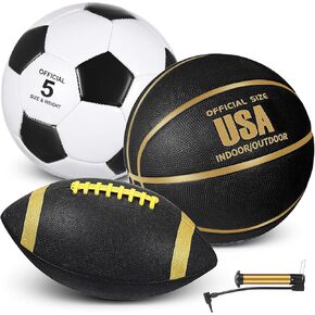Sratte 3 Pcs Sports Balls Sport Set Including Official Size Soccer Basketball Football with Pump and Carry Bag for Kids Adults Back to School Sports Gift
