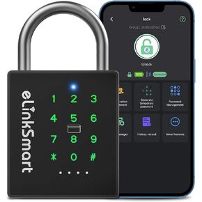 eLinkSmart Heavy Duty Smart Padlock with Key Backup, RFID Lock with Code, Weatherproof Bluetooth App Controlled Keyless Entry Electronic Combination Lock for Outdoor Fence Gate Pool Shed Gym Locker