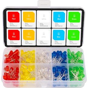 BlueStars 500pcs (5 Colors x 100pcs) 5mm Bi-pin LED Light Emitting Diode Round Assorted Color White/Red/Yellow/Green/Blue Kit Box