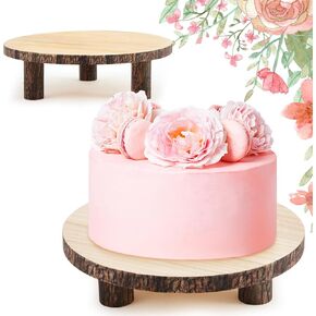 Roowest 2 Sets Wood Cake Stand, 9'' and 10'' Rustic Wooden Slice Cake Boards Round Cake Holder for Party Wedding Birthday Event Farmhouse Dining Room Table Decor Centerpieces Home Decorations