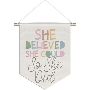 Inspirational Gifts Canvas Hanging Pennant Flag Banner,She Believed She Could So She Did,Preppy Aesthetic Wall Decor for Nursery bedroom teen girls,Bedroom Decor for Baby Girl Girls Room