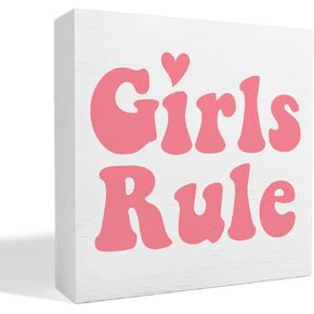 Nursery Table Decor for Girls, Nursery Newborn Baby Girls Bedroom Desk Decor Nursery Decoration for Toddler Kids Room Playroom, Girls Rule, Wooden Box Sign