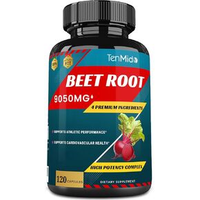 Beet Root Extract Capsules Equivalent to 9050mg, 4 Months Supply & Green Tea, Ginseng, Black Pepper | Increased Energy, Athletic Performance Supports, Boosts Stamina | Nutritional Workout Supplements