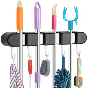 حامل مكنسة وممسحة مثبت على الحائط، رف أدوات تخزين مكنسة الممسحة مع 4 رفوف و5 خطافات، منظم مكنسة الممسحة، منظم أدوات الحديقة مع خطافات لاصقة لسقيفة المطبخ ومرآب الغسيل المنزلي، أسود in Kuwait