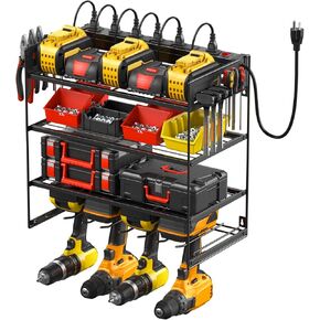 JUNNUJ Power Tool Organizer with 10 Outlet Power Strip, 4 Layer Wall Mount Drill Holder with Charging Station, 4 Drills Storage Shelf Shop Garage Utility Rack, Black